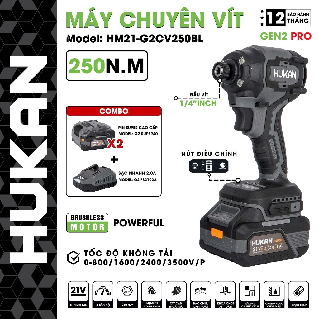 CHÍNH HÃNG THÂN MÁY CHUYÊN VÍT HUKAN HM21-G2CV250BL MÀU XÁM