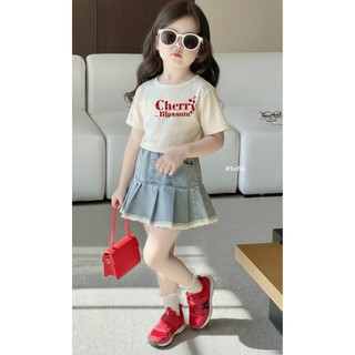 [B&G] Sét váy áo thun Cherry Blossom phối chân váy jean xòe nhẹ cá tính cho bé gái từ 10-45kg