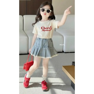 [B&G] Sét váy áo thun Cherry Blossom phối chân váy jean xòe nhẹ cá tính cho bé gái từ 10-45kg