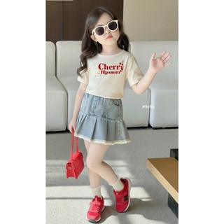 [B&G] Sét váy áo thun Cherry Blossom phối chân váy jean xòe nhẹ cá tính cho bé gái từ 10-45kg