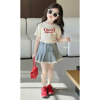[B&G] Sét váy áo thun Cherry Blossom phối chân váy jean xòe nhẹ cá tính cho bé gái từ 10-45kg