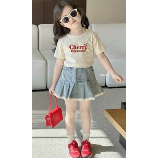 [B&G] Sét váy áo thun Cherry Blossom phối chân váy jean xòe nhẹ cá tính cho bé gái từ 10-45kg