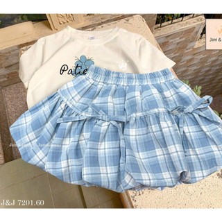 [B&G] Sét váy Áo thun in chữ Patience phối cùng chân váy caro xanh dịu mắt cho bé gái từ 10-45kg