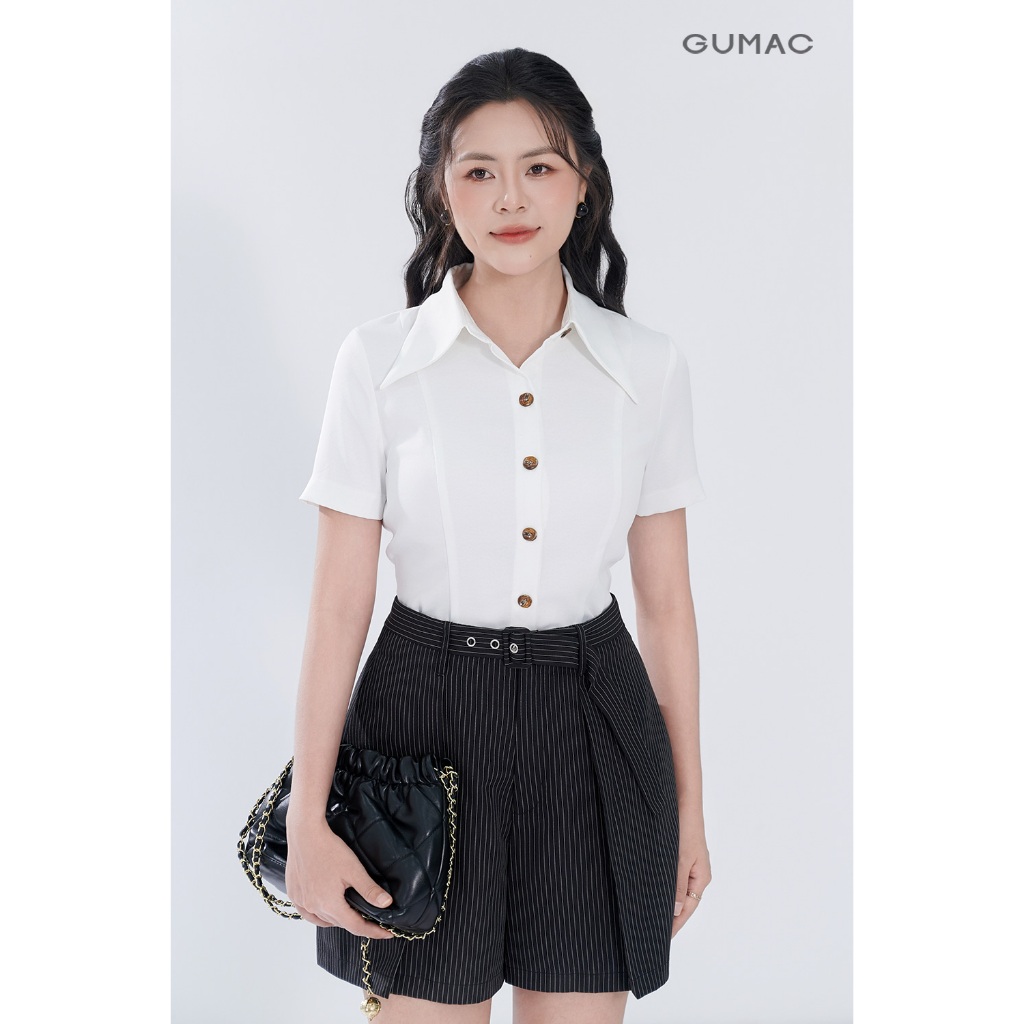 Quần short nữ GUMAC lưng liền họa tiết sọc chiết ly vải mềm mịn trẻ trung  SHF05018