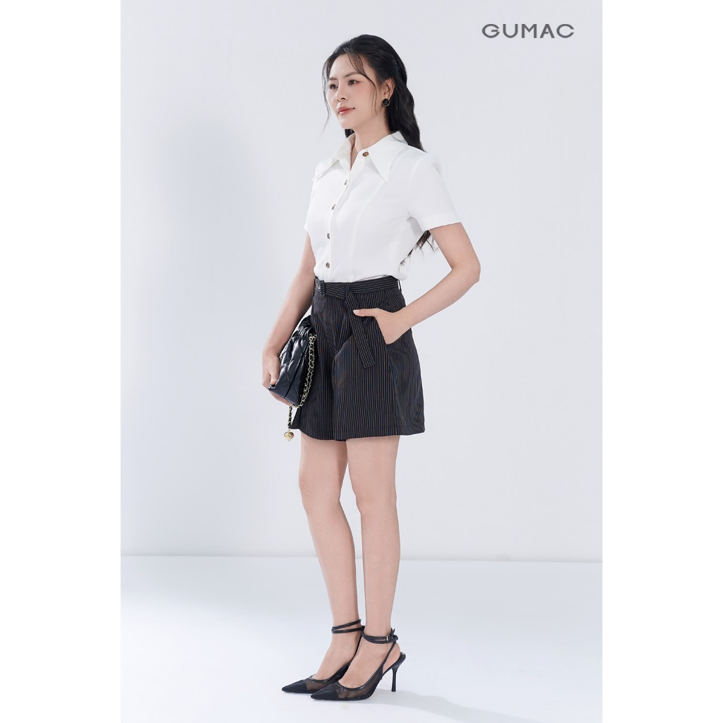 Quần short nữ GUMAC lưng liền họa tiết sọc chiết ly vải mềm mịn trẻ trung  SHF05018