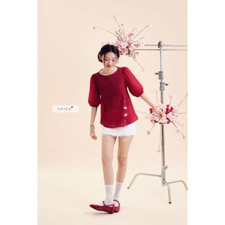 𝐇𝐚𝐧𝐚𝐲𝐨 𝐓𝐨𝐩 - Áo kiểu nữ, Áo cổ tròn chất tơ tay phồng hở nơ lưng sau nhien.official NAS00015