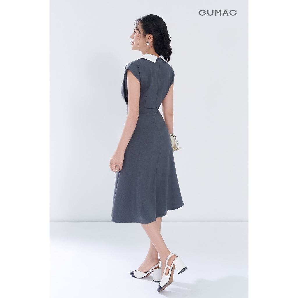 Đầm nữ GUMAC A cổ V phối trắng xếp ly 2 lớp vải bố linen dày dặn thanh lịch  DF05054