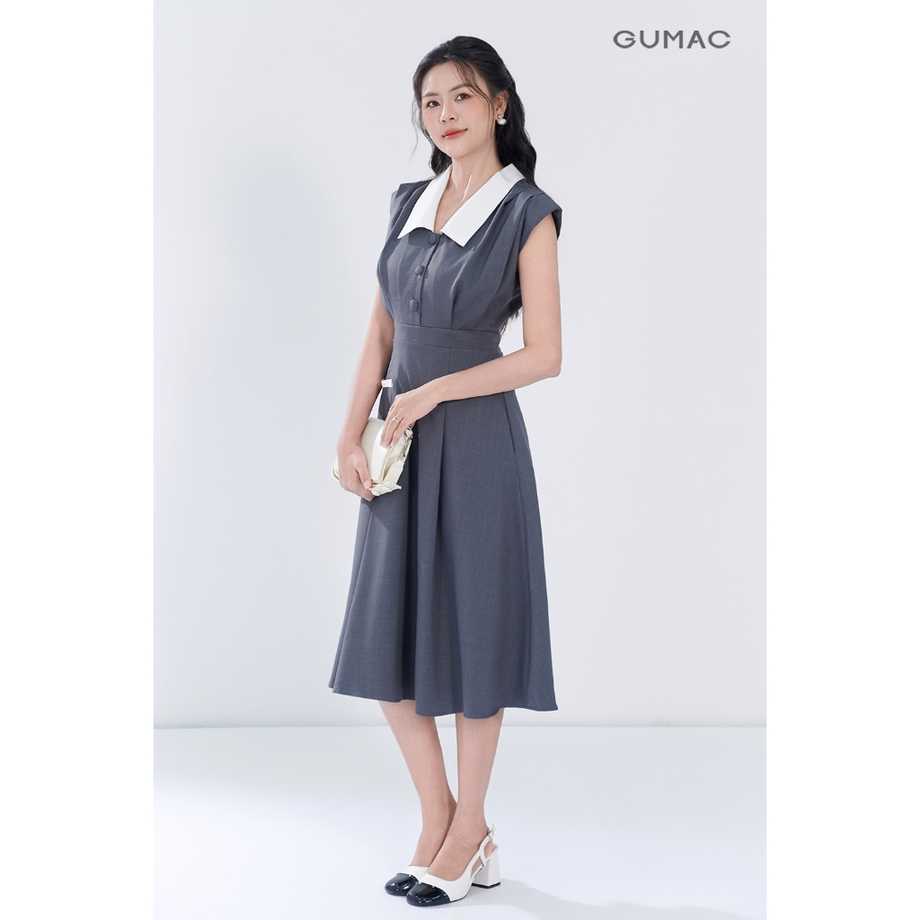 Đầm nữ GUMAC A cổ V phối trắng xếp ly 2 lớp vải bố linen dày dặn thanh lịch  DF05054