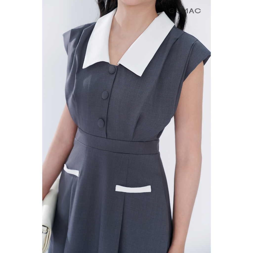 Đầm Nữ Dáng A Xòe GUMAC Có Đệm Vai Kèm Chất Linen Bố Đứng Form Phối Lá Cổ Trắng Thanh Lịch DF05054