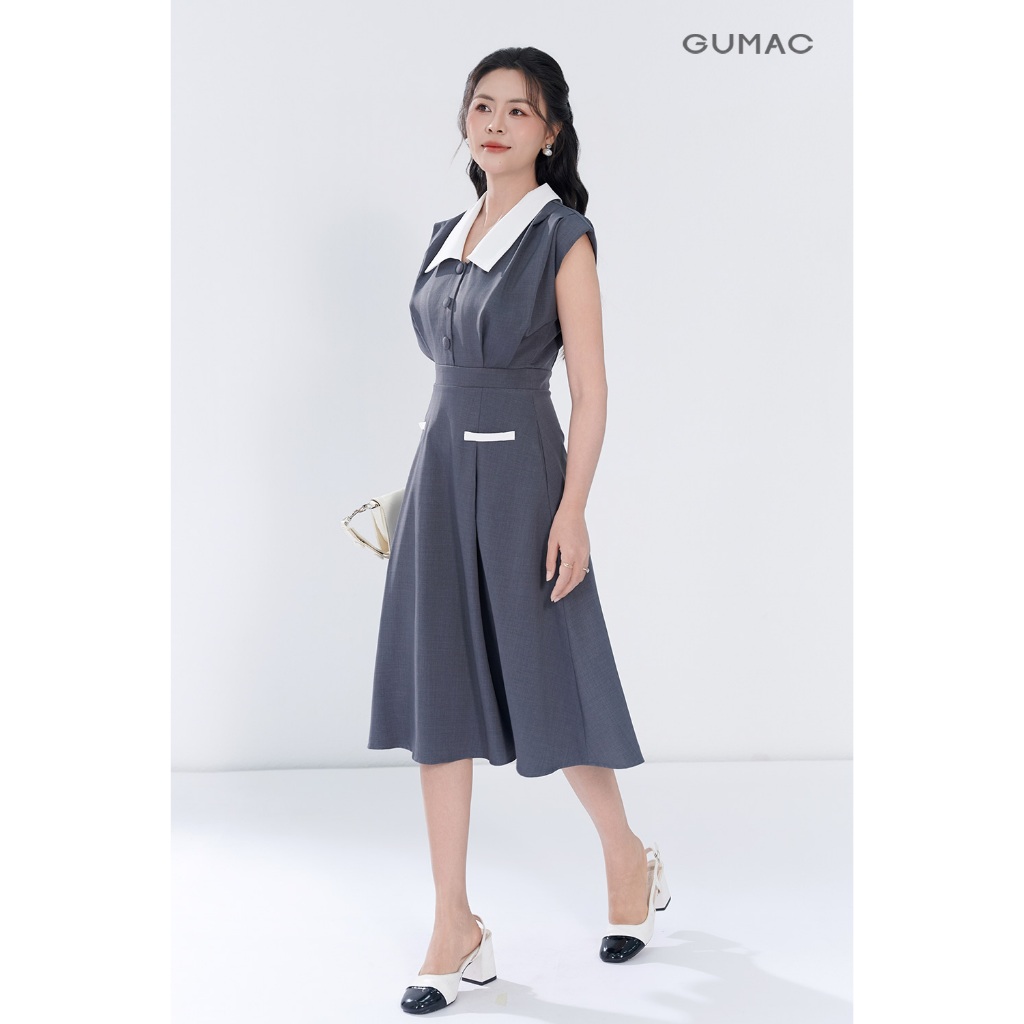 Đầm nữ GUMAC A cổ V phối trắng xếp ly 2 lớp vải bố linen dày dặn thanh lịch  DF05054