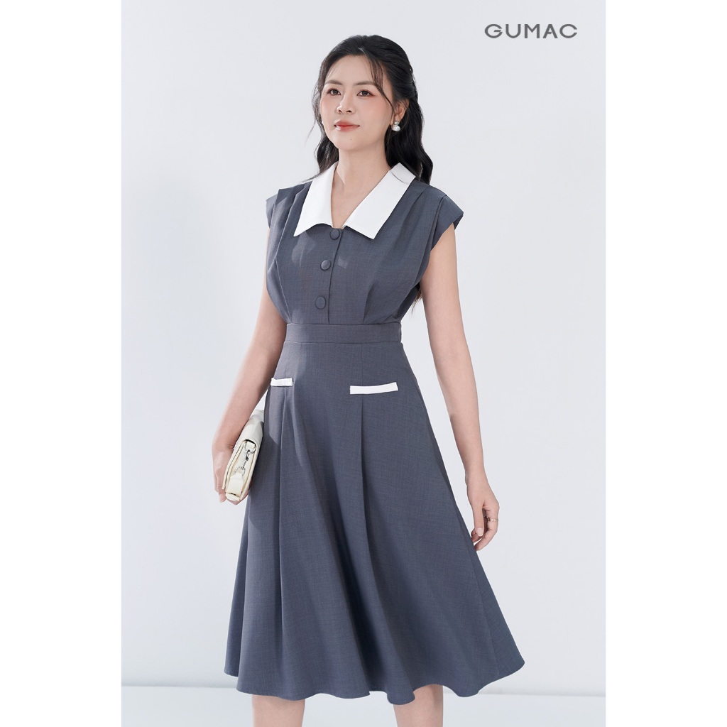 Đầm nữ GUMAC A cổ V phối trắng xếp ly 2 lớp vải bố linen dày dặn thanh lịch  DF05054