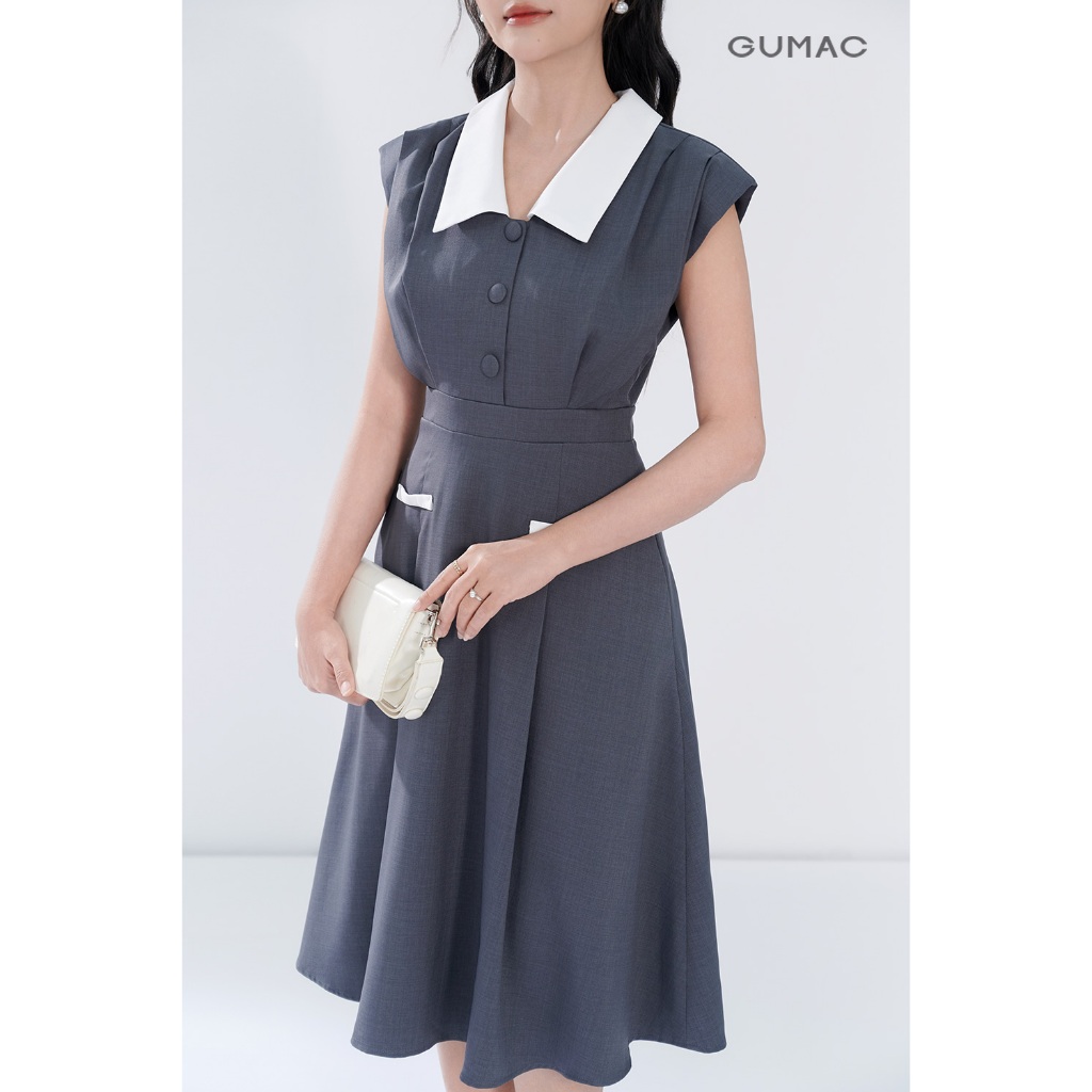Đầm Nữ Dáng A Xòe GUMAC Có Đệm Vai Kèm Chất Linen Bố Đứng Form Phối Lá Cổ Trắng Thanh Lịch DF05054