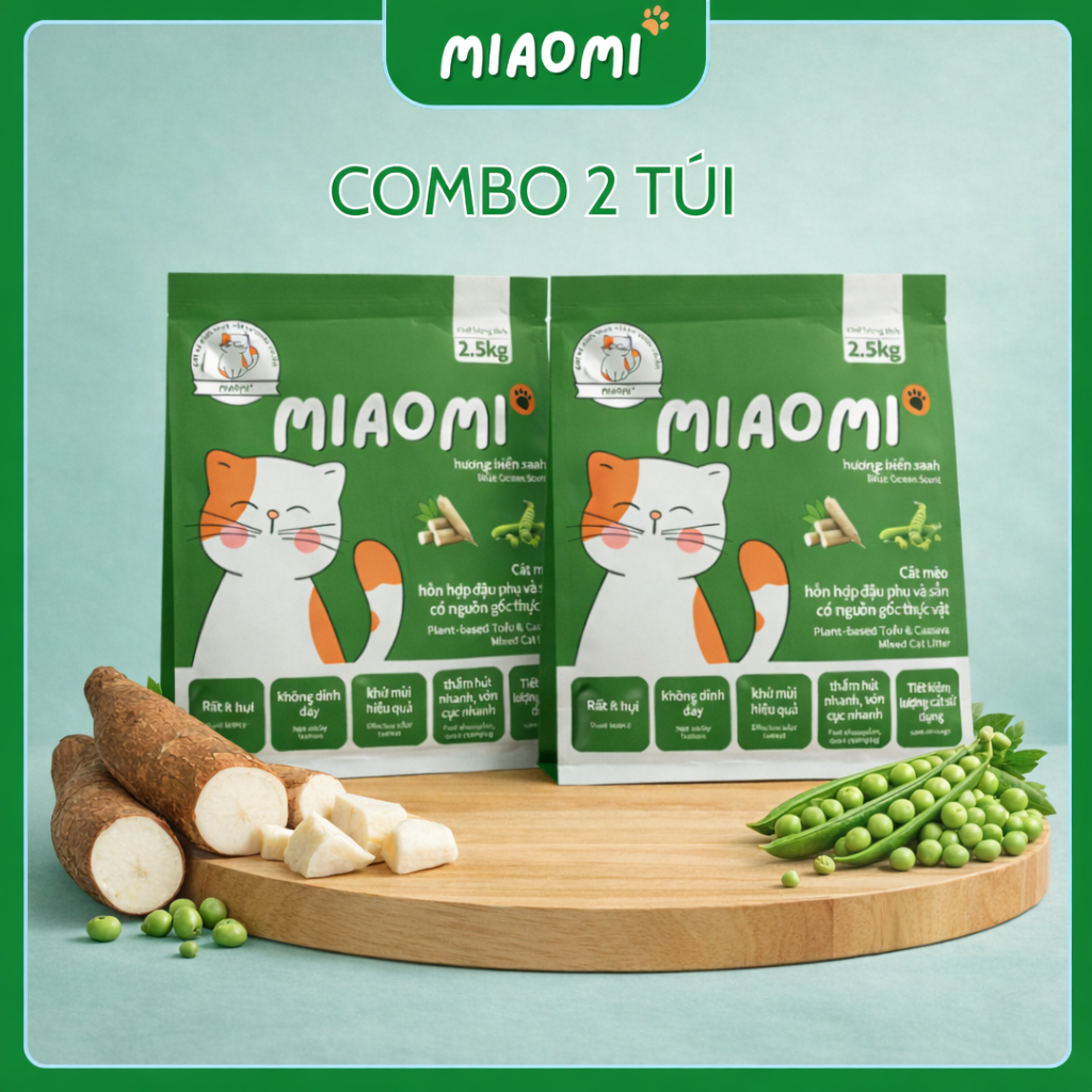 Combo 2 Túi Cát Mèo MiaoMi - Hương Biển Xanh, Siêu Vón, Khử Mùi Hiệu Quả, Không Bết Đáy