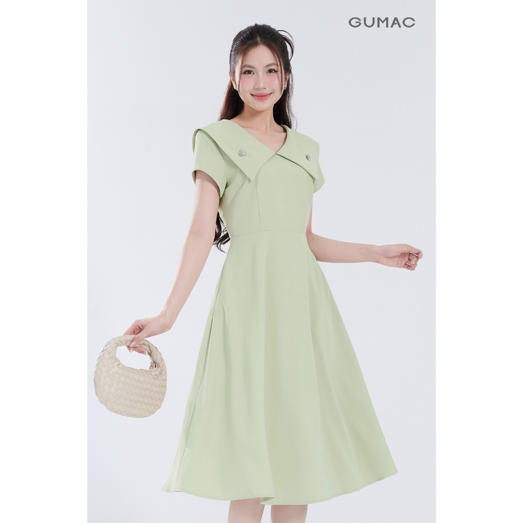 Đầm Nữ Form A GUMAC Cổ V Đính Phụ Kiện Chất Chéo Nhật Thanh Lịch DF07048