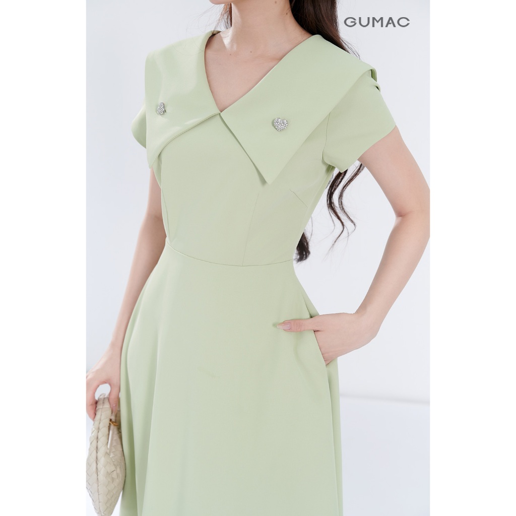 Đầm Nữ Form A GUMAC Cổ V Đính Phụ Kiện Chất Chéo Nhật Thanh Lịch DF07048