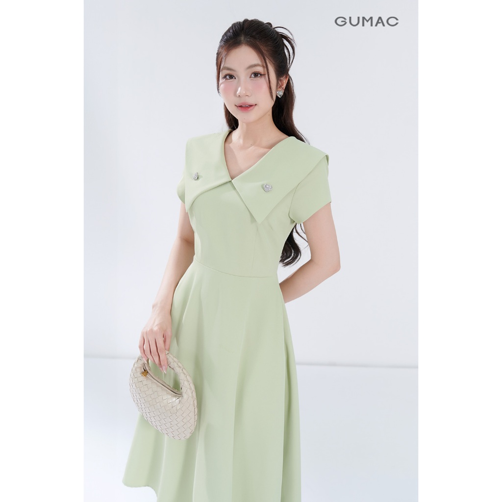 Đầm Nữ Form A GUMAC Cổ V Đính Phụ Kiện Chất Chéo Nhật Thanh Lịch DF07048