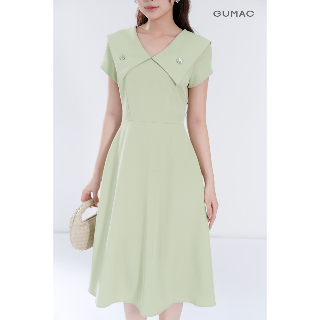 Đầm Nữ Form A GUMAC Cổ V Đính Phụ Kiện Chất Chéo Nhật Thanh Lịch DF07048