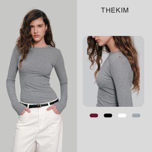 THEKIM Áo thun tăm dài tay cổ tròn , áo dài tay đính cúc vai ôm body T387