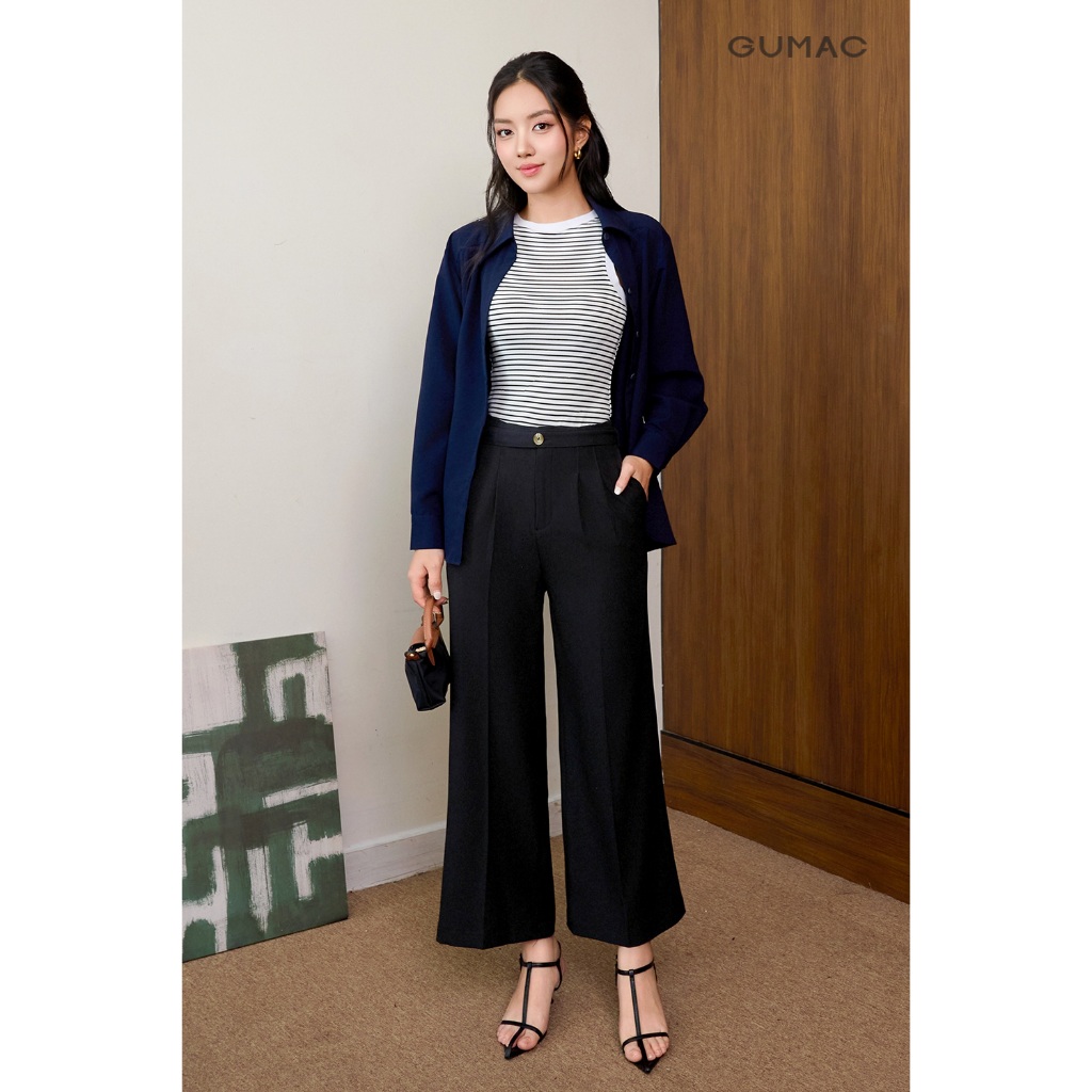 Áo Sơ Mi Nữ Tay Dài GUMAC Form Suông Vai Xệ Chất Kaki Thun Mềm Mát Công Sở AF07031