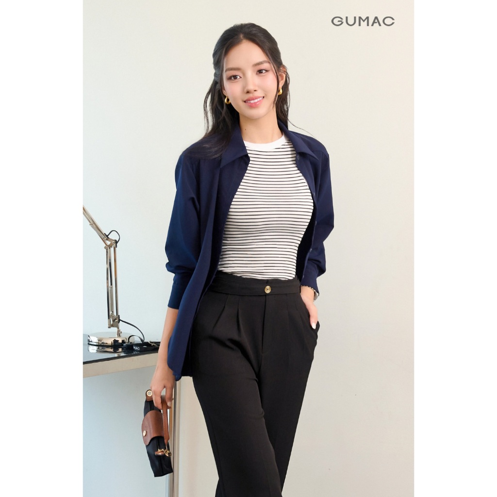 Áo Sơ Mi Nữ Tay Dài GUMAC Form Suông Vai Xệ Chất Kaki Thun Mềm Mát Công Sở AF07031