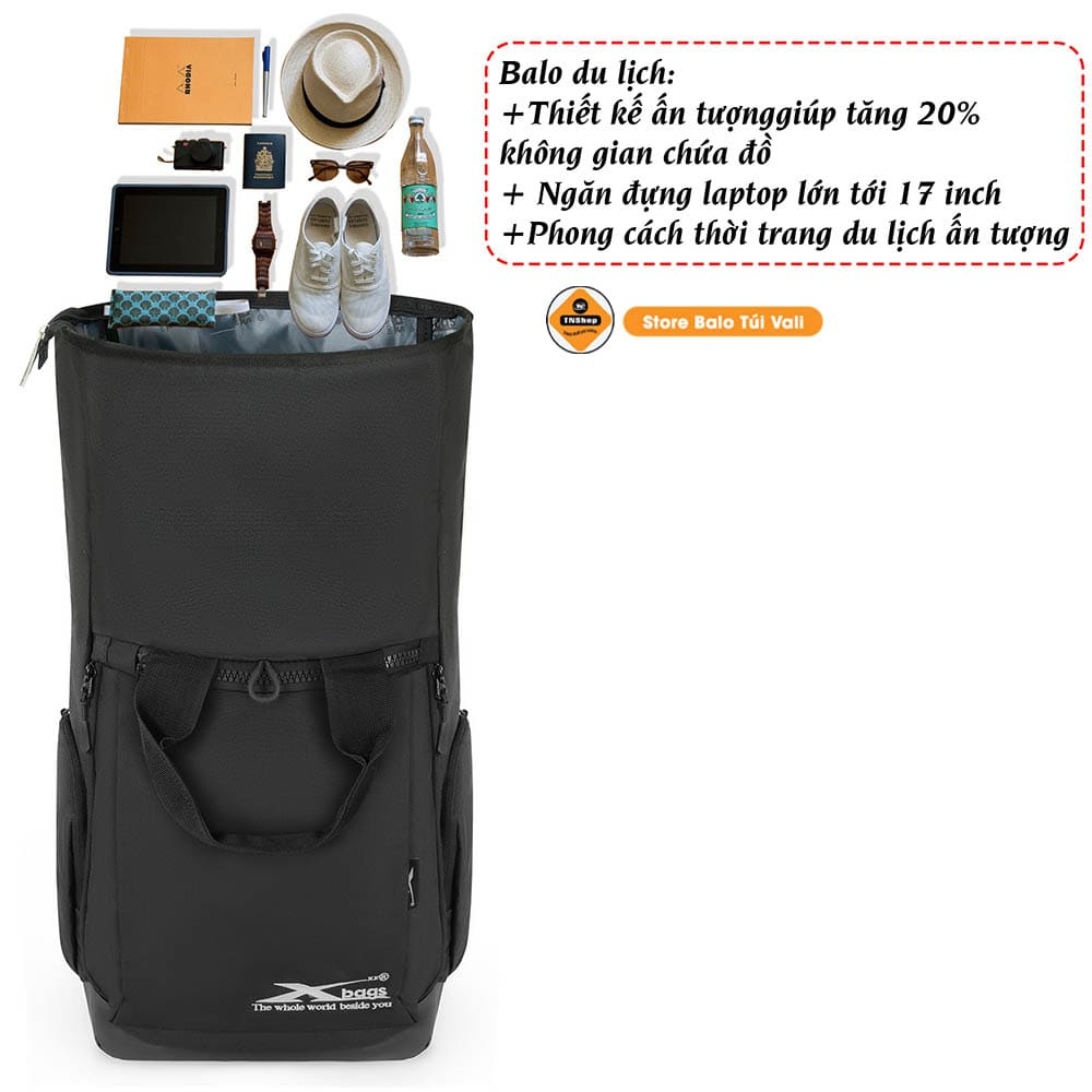 Balo du lịch dung tích lớn cao cấp Xbags XB 1201 đựng laptop 17 inch, nắp gập rộng, đen sang trọng!