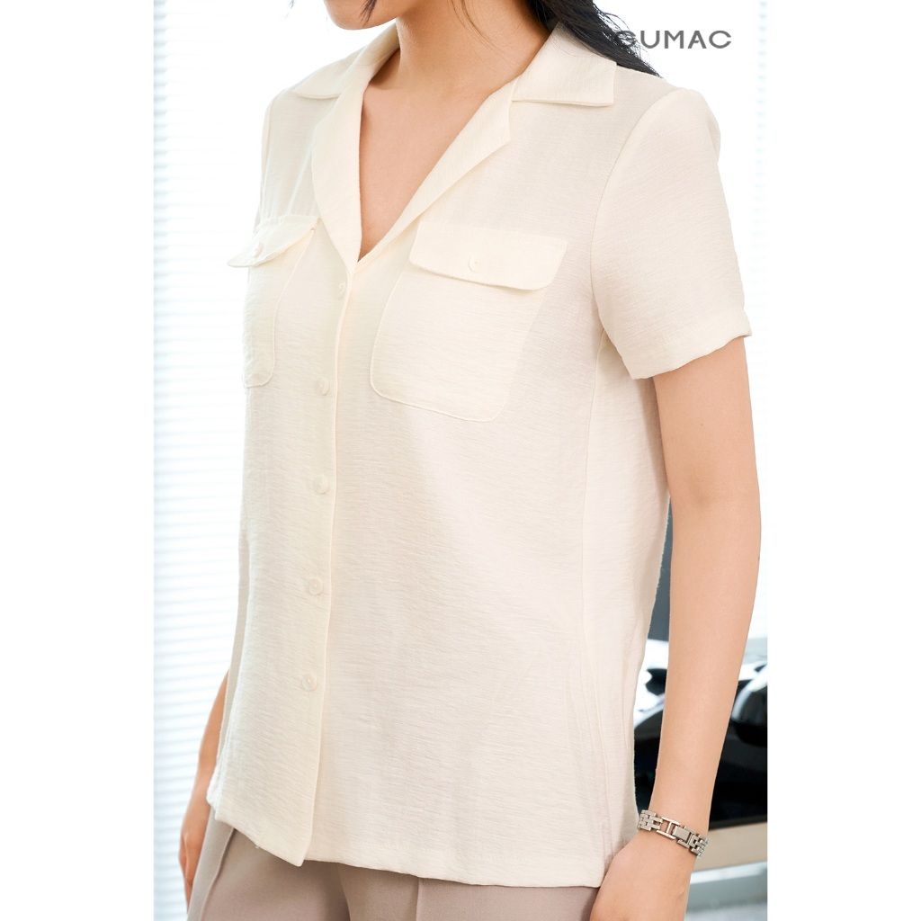 Áo Kiểu Nữ GUMAC Form Suông Tay Ngắn Cổ Danton Túi Đắp Trang Trí Hiện Đại AF07019