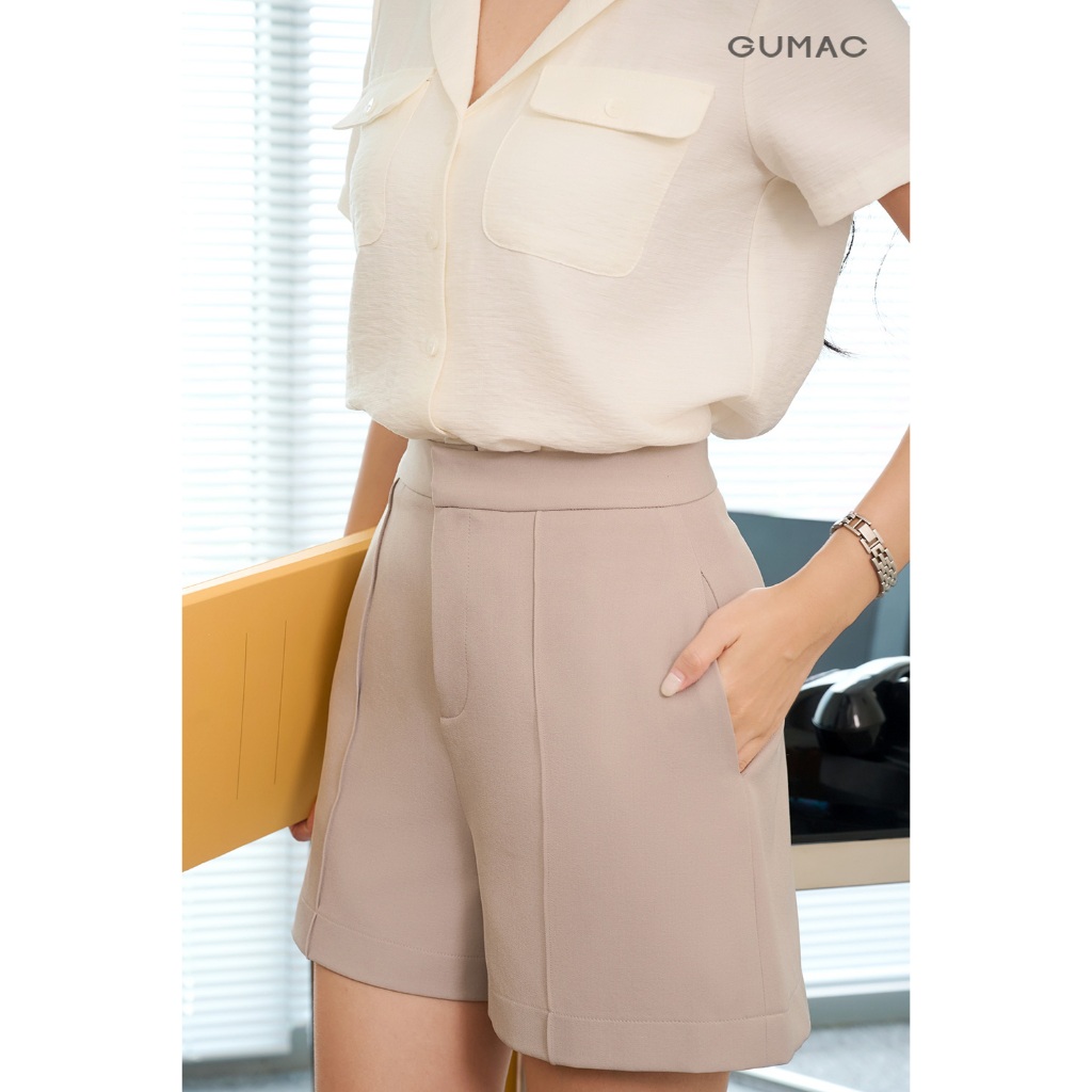 Áo Kiểu Nữ GUMAC Form Suông Tay Ngắn Cổ Danton Túi Đắp Trang Trí Hiện Đại AF07019