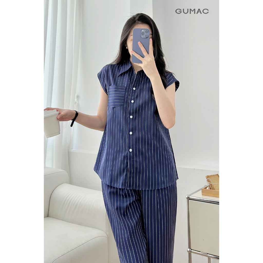 Set Lẻ Áo Sơ Mi Nữ GUMAC Tay Liền Phối Sọc Trẻ Trung LAF0525 - Quần Tây Nữ Suông Lưng Kiểu Thanh Lịch LQF0546