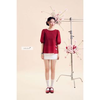 𝐇𝐚𝐧𝐚𝐲𝐨 𝐓𝐨𝐩 - Áo kiểu nữ, Áo cổ tròn chất tơ tay phồng hở nơ lưng sau nhien.official NAS00015