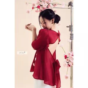 𝐇𝐚𝐧𝐚𝐲𝐨 𝐓𝐨𝐩 - Áo kiểu nữ, Áo cổ tròn chất tơ tay phồng hở nơ lưng sau nhien.official NAS00015