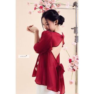 𝐇𝐚𝐧𝐚𝐲𝐨 𝐓𝐨𝐩 - Áo kiểu nữ, Áo cổ tròn chất tơ tay phồng hở nơ lưng sau nhien.official NAS00015