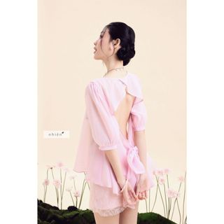 𝐇𝐚𝐧𝐚𝐲𝐨 𝐓𝐨𝐩 - Áo kiểu nữ, Áo cổ tròn chất tơ tay phồng hở nơ lưng sau nhien.official NAS00015