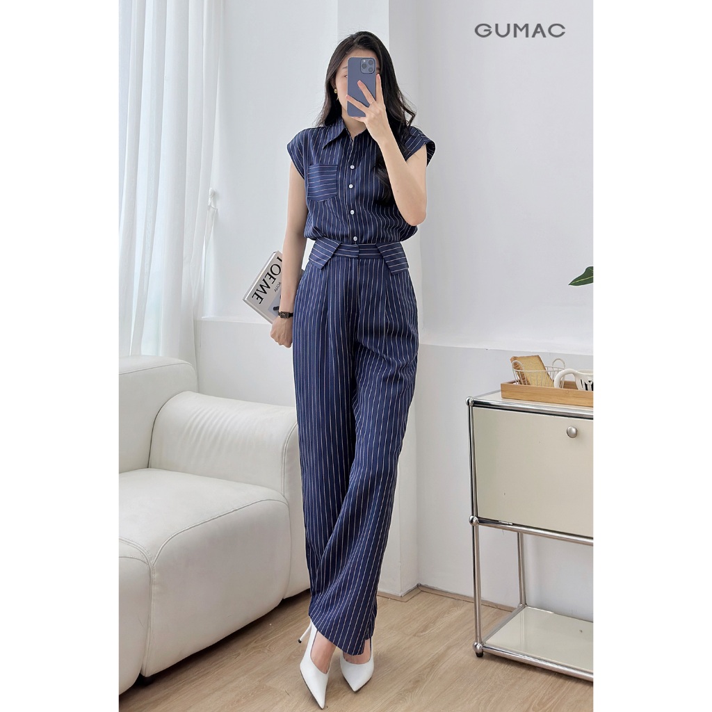 Set Lẻ Áo Sơ Mi Nữ GUMAC Tay Liền Phối Sọc Trẻ Trung LAF0525 - Quần Tây Nữ Suông Lưng Kiểu Thanh Lịch LQF0546