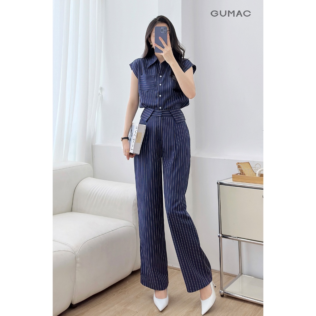Set Lẻ Áo Sơ Mi Nữ GUMAC Tay Liền Phối Sọc Trẻ Trung LAF0525 - Quần Tây Nữ Suông Lưng Kiểu Thanh Lịch LQF0546