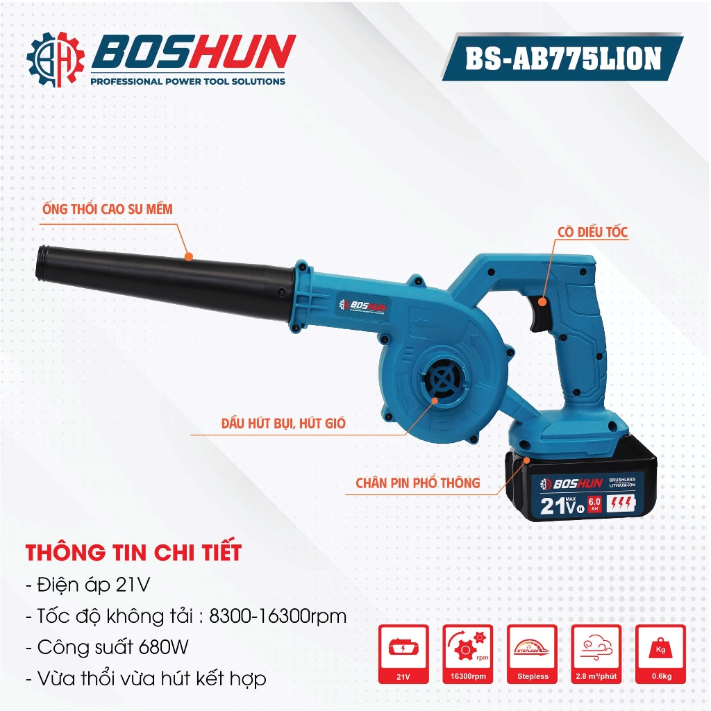 Máy Thổi Hút Bụi Pin BOSHUN BS-AB775LION, Công Suất 680w, Vừa Thổi Vừa Hút, Chân Pin Phổ Thông