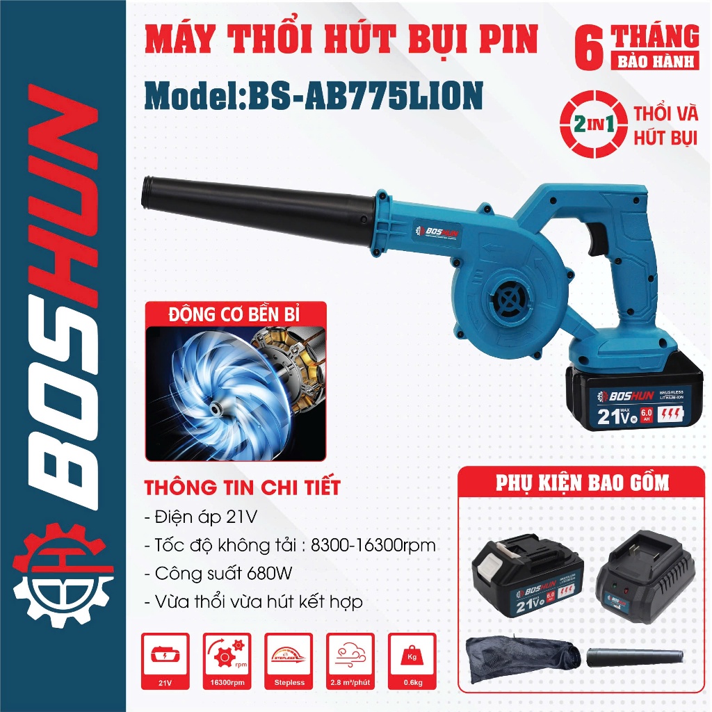 Máy Thổi Hút Bụi Pin BOSHUN BS-AB775LION, Công Suất 680w, Vừa Thổi Vừa Hút, Chân Pin Phổ Thông