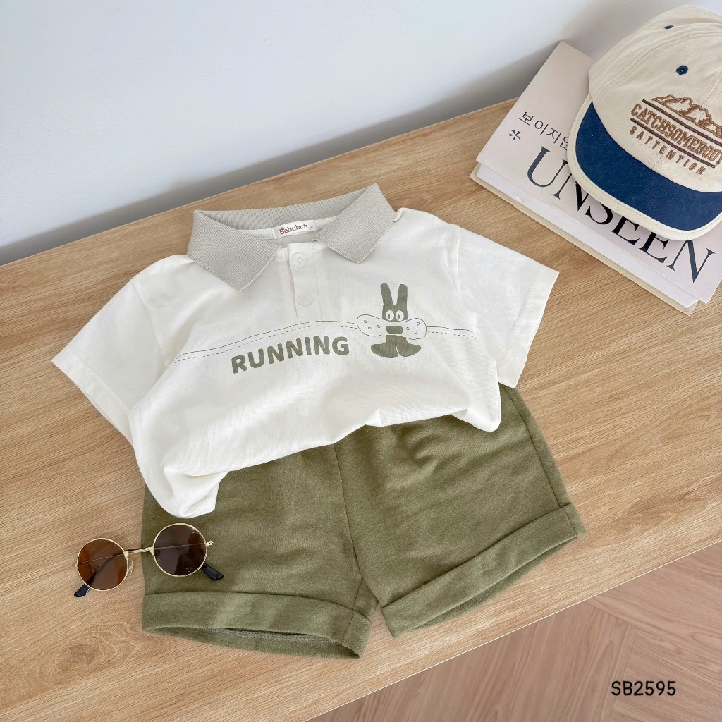 Set polo cộc tay Running Bebukids chất liệu cotton phối quần da cá cho bé trai 8-21kg