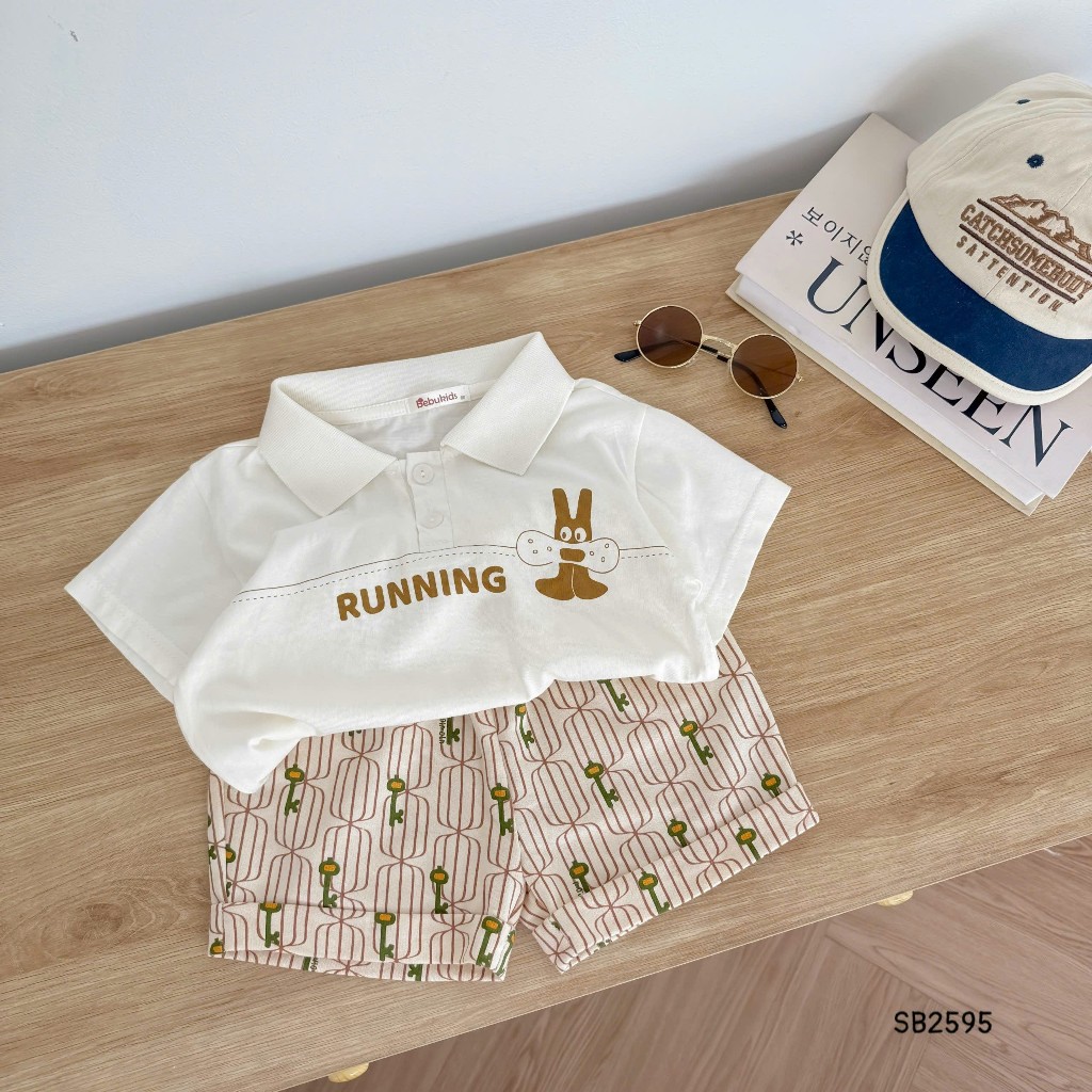 Set polo cộc tay Running Bebukids chất liệu cotton phối quần da cá cho bé trai 8-21kg