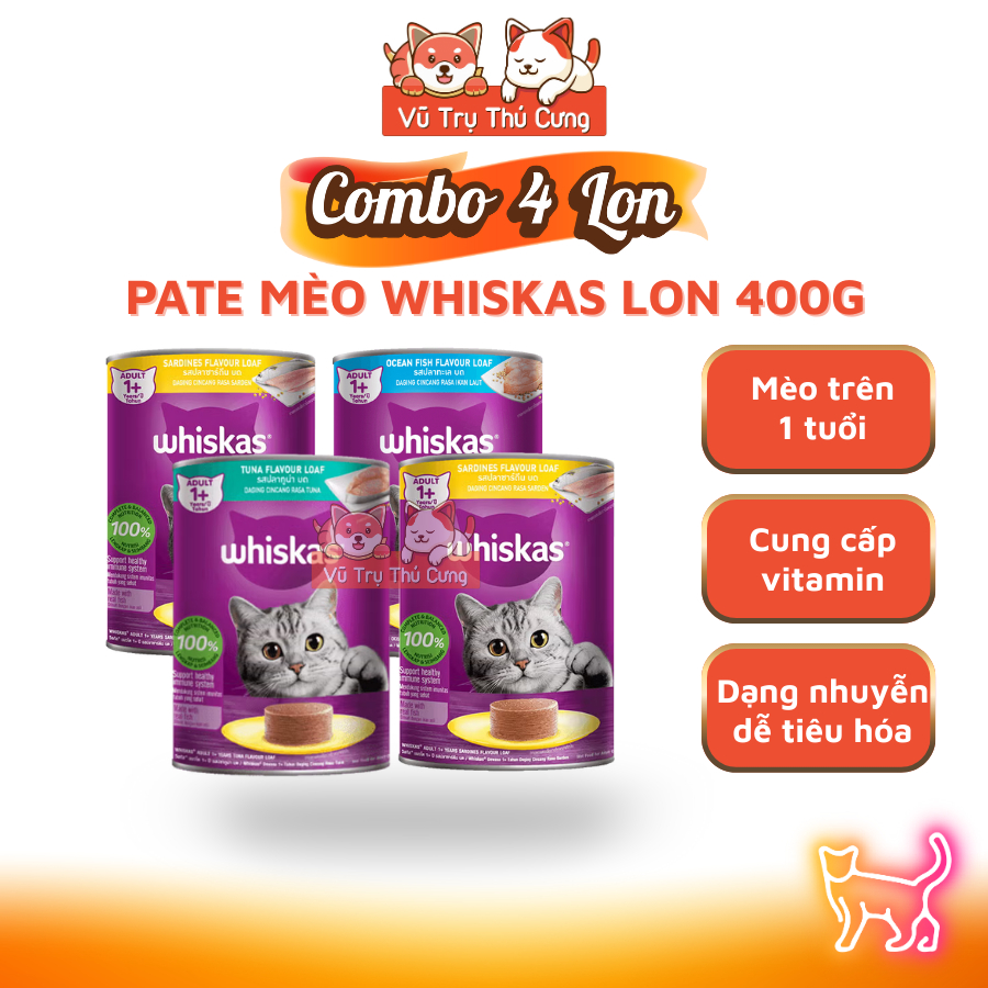 Combo 4 lon Pate Whiskas 400g cho Mèo (Mix 3 vị)