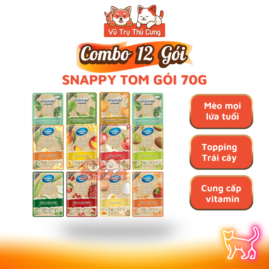 Combo 12 Gói Pate Snappy Tom Trái Cây, Rau Củ Cho Mèo, Gói 70g
