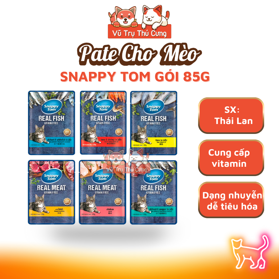 Pate Snappy Tom cho Mèo gói 85g, thành phần thịt thật, không ngũ cốc