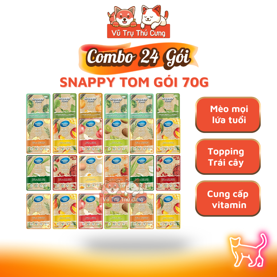 Thùng 24 Gói Pate Snappy Tom Trái Cây Cho Mèo 70g Mix Vị