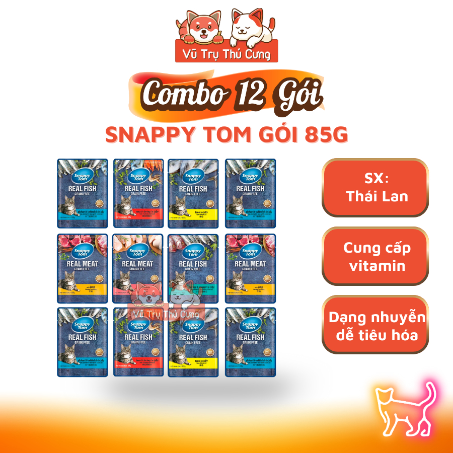 Combo 12 Gói Pate Mèo Snappy Tom Real Fish, Real Meat 85g