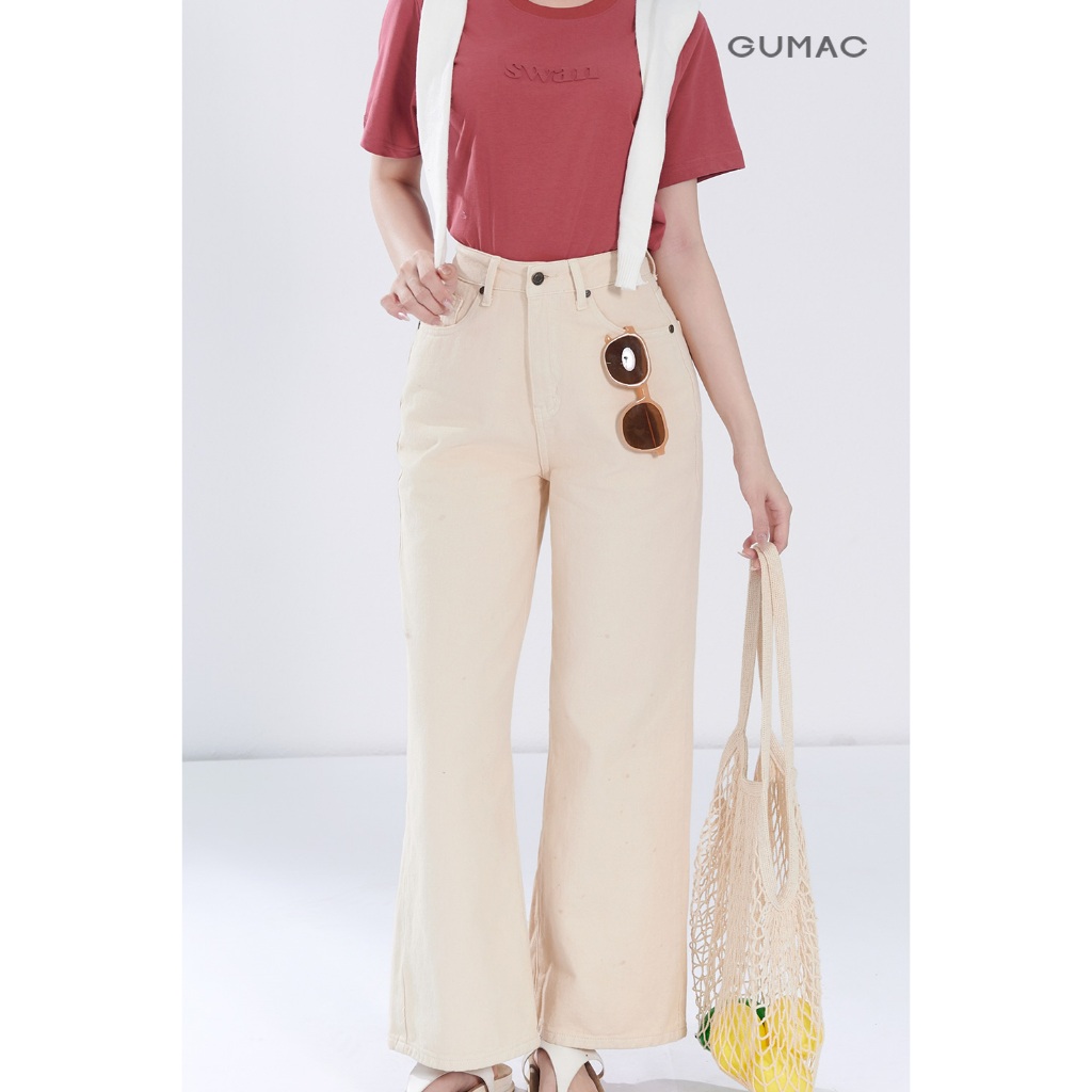 Quần jeans nữ GUMAC suông màu be denim mềm dày dặn thoáng mát thoải mái LQJG06096