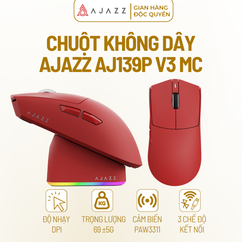 Chuột Không Dây AJAZZ AJ139P V3 MC Gaming Esports 3 Mode PAW3311 1K Polling Rate Hiệu Năng Cao