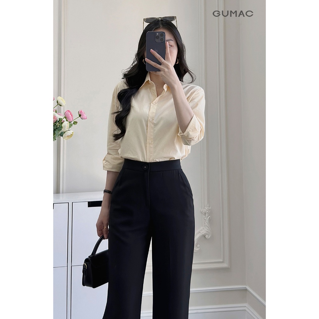 [SALE] Áo sơ mi nữ Gmorning - GUMAC tay dài rộng thêu chữ sau áo si xịn thoáng mát  YAE12085