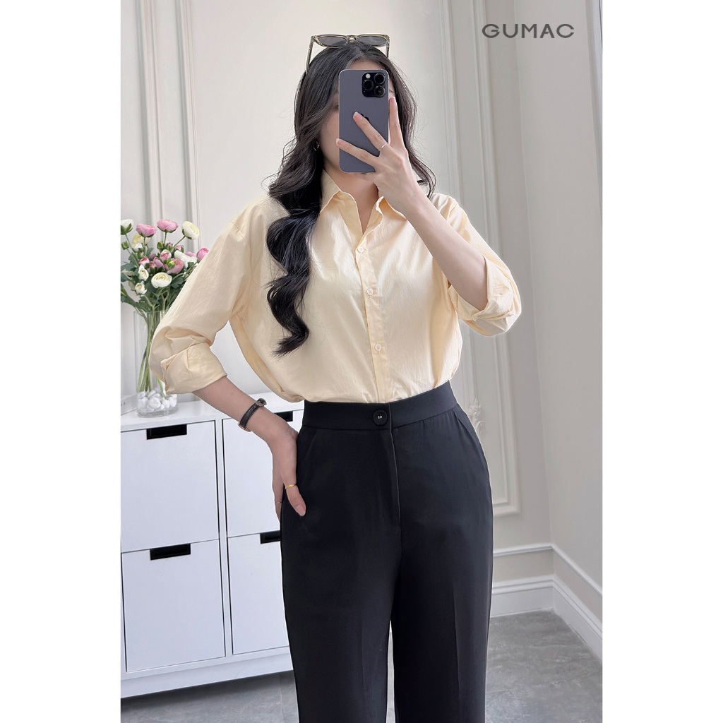 [SALE] Áo sơ mi nữ Gmorning - GUMAC tay dài rộng thêu chữ sau áo si xịn thoáng mát  YAE12085
