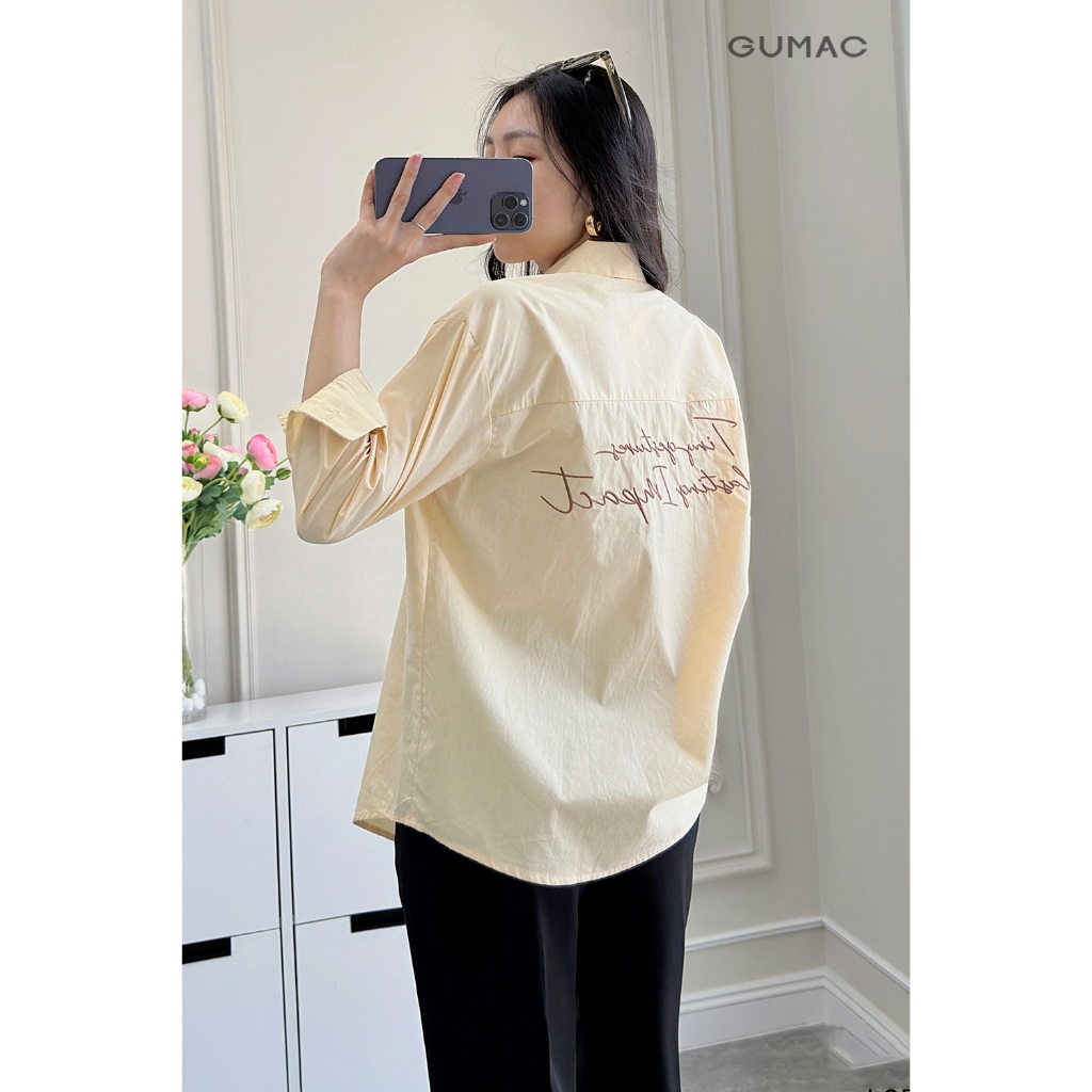 [SALE] Áo sơ mi nữ Gmorning - GUMAC tay dài rộng thêu chữ sau áo si xịn thoáng mát  YAE12085