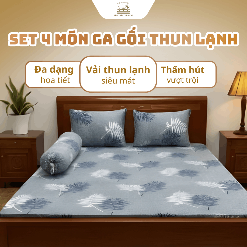 Bộ ga giường thun lạnh Hàn Quốc cao cấp 4 món gồm drap giường 2 áo gối nằm 1 áo gối ôm