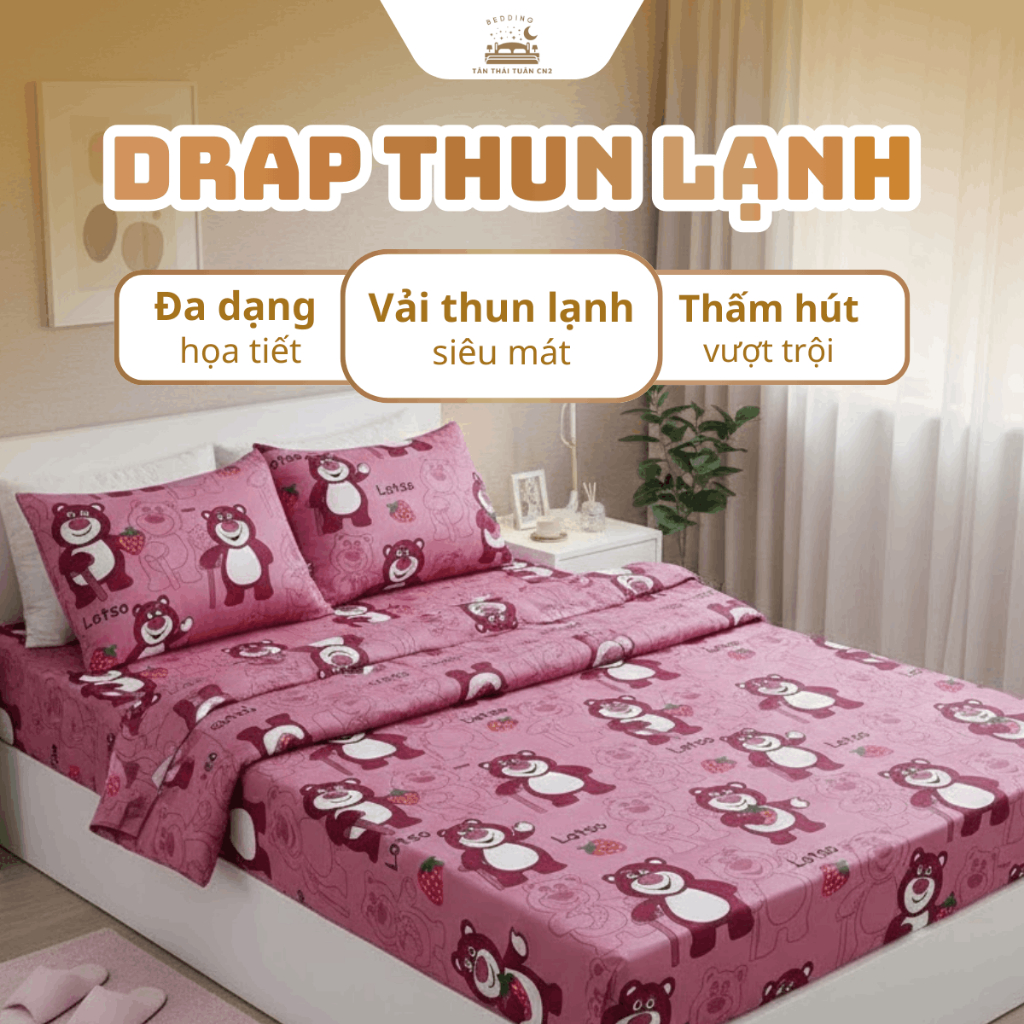 Drap giường thun lạnh cao cấp sản xuất Việt Nam in Hàn Quốc co giãn 4 chiều mềm mát không áo gối